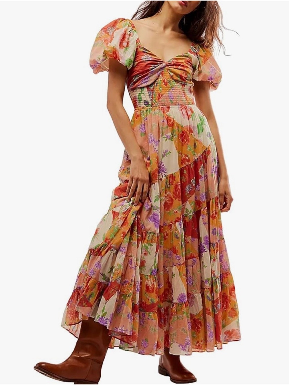 Floral Puff-Sleeve Tiered Maxi Dress in Multi-Color